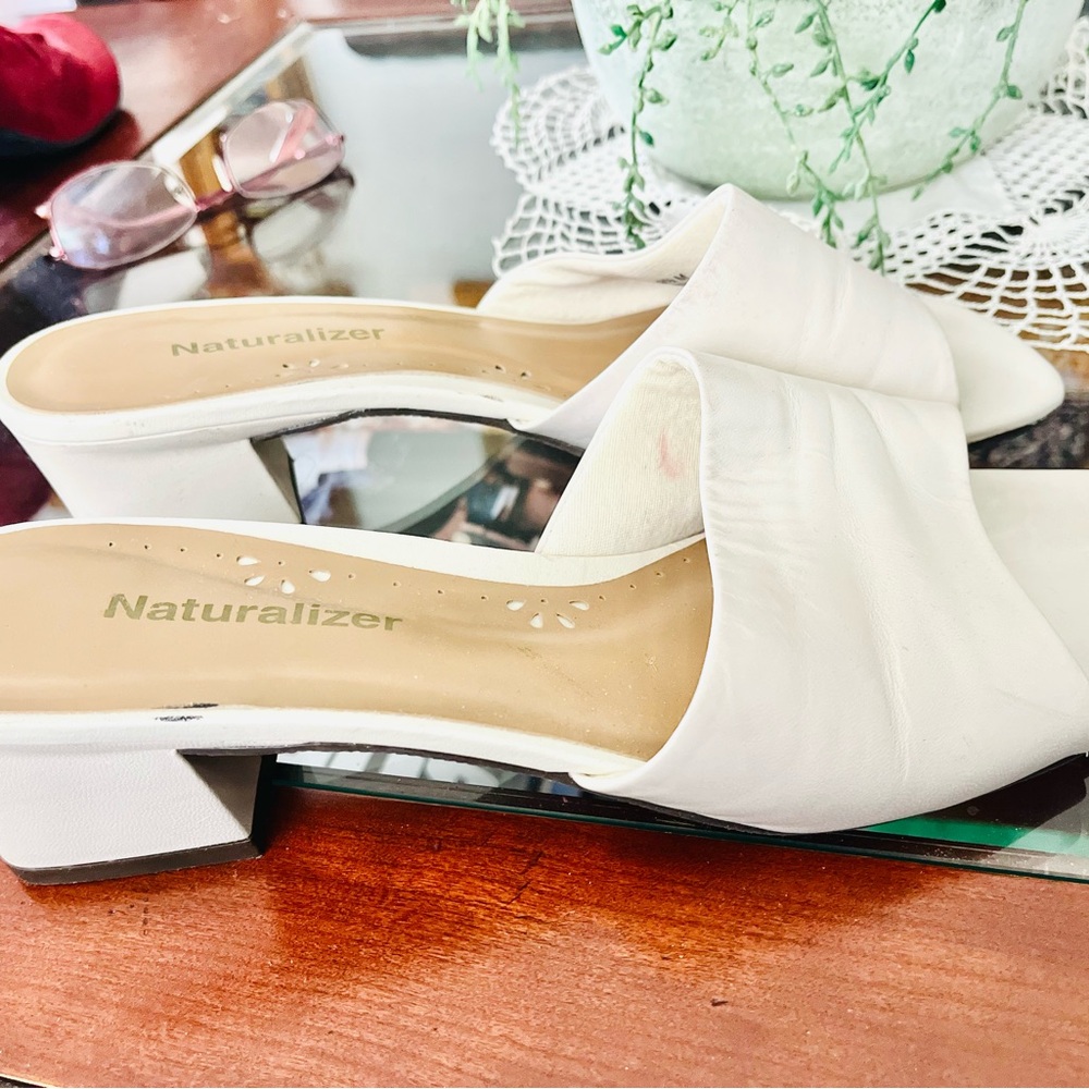 Naturalizer Cream Sandal Slides Open Square Toe Heels Croc Embossed Leather 10